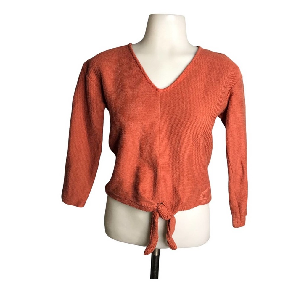 Madewell • Texture & Thread | Orange Ribbed Vneck sweater Self tie crop top •